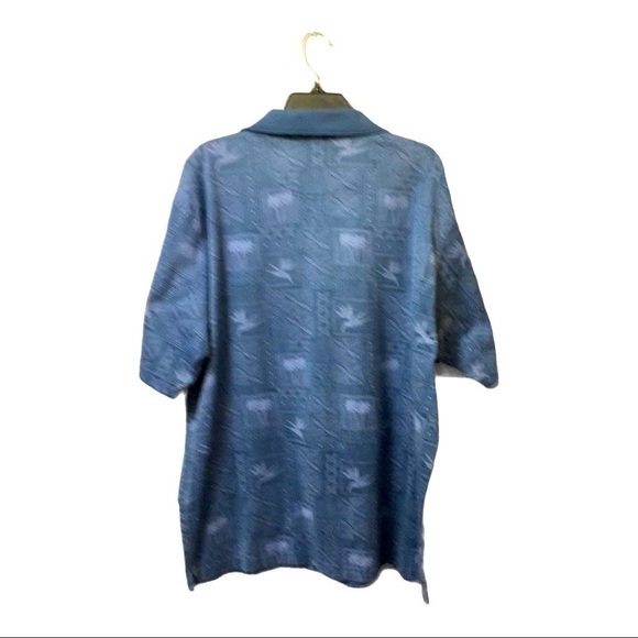 𝅺HAWAIIAN print blue polo gray Aztec design palm trees bird of paradise size XL - Picture 2 of 10